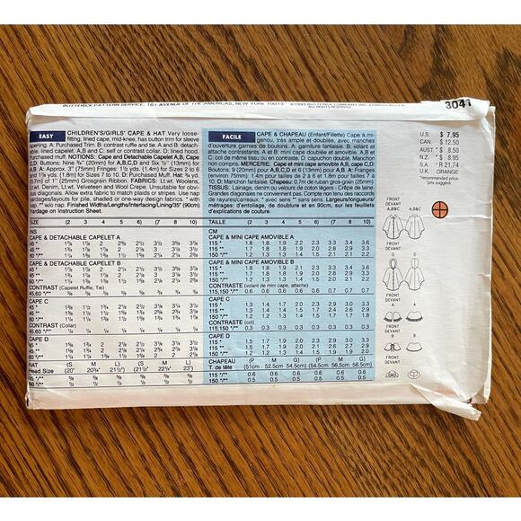 UNCUT Vintage 1990s Sewing Pattern Butterick 3041 Girls Size XS - M Cape and Hat - Picture 2 of 2